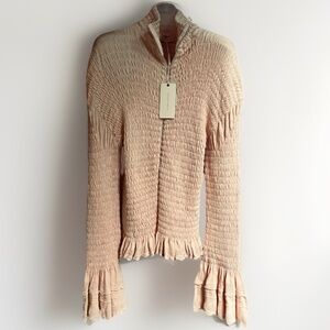 Cecilia Prado Anthropologie Crinkled Apricot Full Zip Crochet Trim Jacket Top M